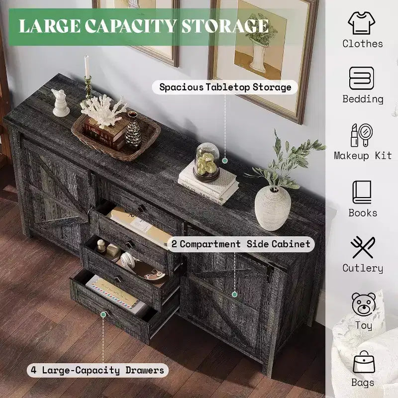 Commode de style rustique pour chambre à coucher avec tiroirs, meuble de rangement avec portes coulissantes de grange, meuble TV organisateur