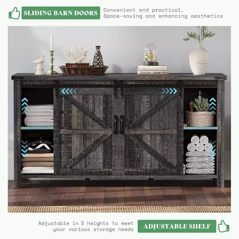 Commode de style rustique pour chambre à coucher avec tiroirs, meuble de rangement avec portes coulissantes de grange, meuble TV organisateur