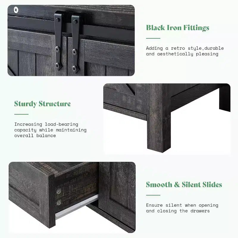 Commode de style rustique pour chambre à coucher avec tiroirs, meuble de rangement avec portes coulissantes de grange, meuble TV organisateur