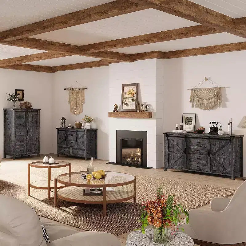 Commode de style rustique pour chambre à coucher avec tiroirs, meuble de rangement avec portes coulissantes de grange, meuble TV organisateur