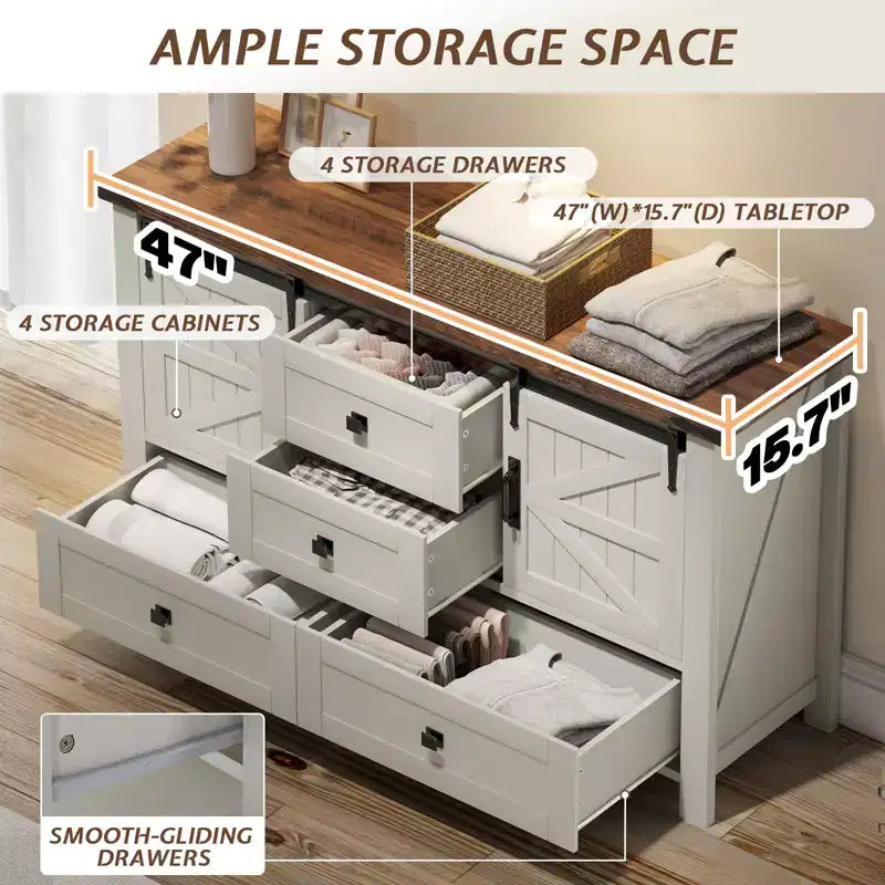 Commode de style rustique pour chambre à coucher avec tiroirs, meuble de rangement avec portes coulissantes de grange, meuble TV organisateur