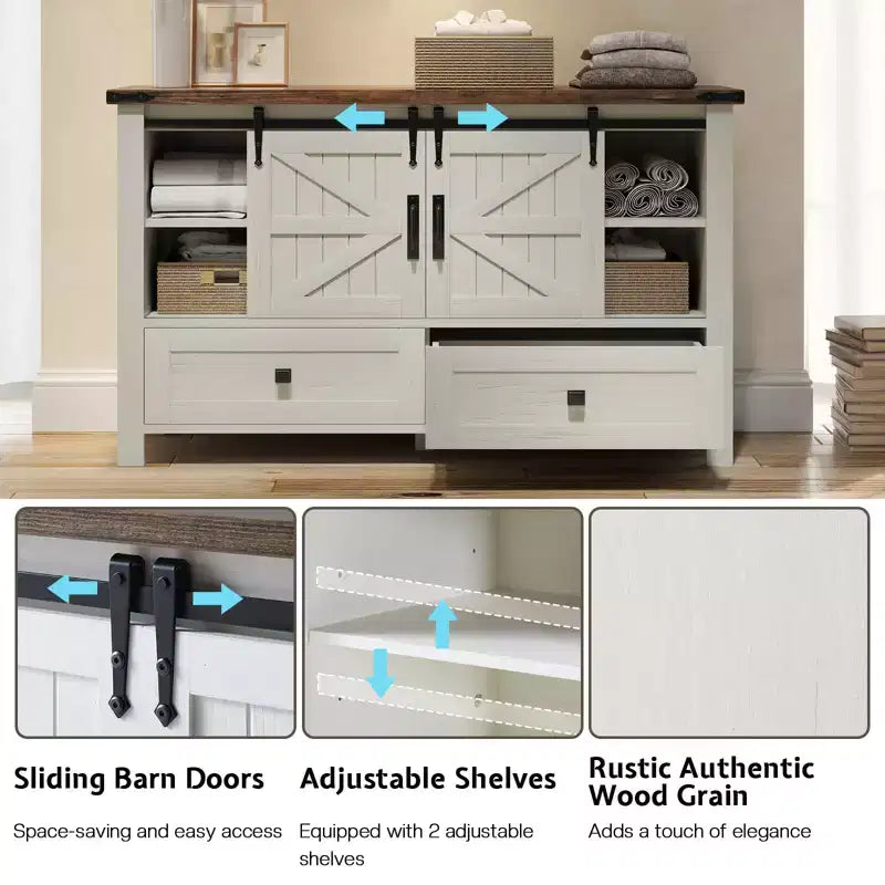Commode de style rustique pour chambre à coucher avec tiroirs, meuble de rangement avec portes coulissantes de grange, meuble TV organisateur