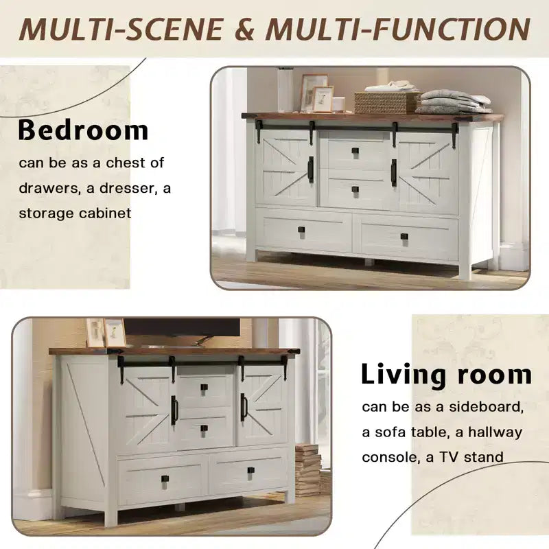 Commode de style rustique pour chambre à coucher avec tiroirs, meuble de rangement avec portes coulissantes de grange, meuble TV organisateur