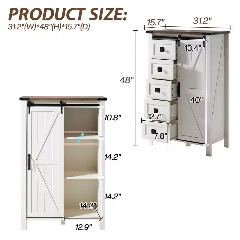 Commode de style rustique pour chambre à coucher avec tiroirs, meuble de rangement avec portes coulissantes de grange, meuble TV organisateur