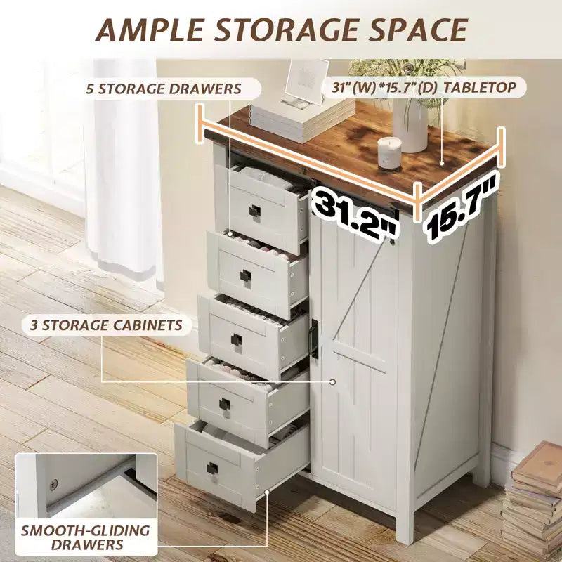 Commode de style rustique pour chambre à coucher avec tiroirs, meuble de rangement avec portes coulissantes de grange, meuble TV organisateur