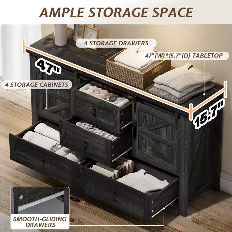 Commode de style rustique pour chambre à coucher avec tiroirs, meuble de rangement avec portes coulissantes de grange, meuble TV organisateur