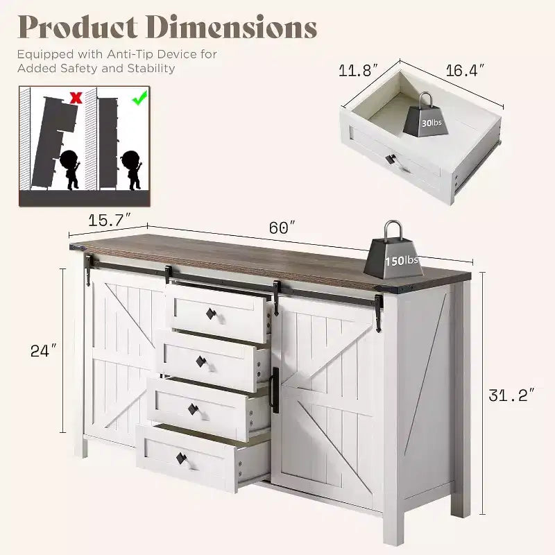 Commode de style rustique pour chambre à coucher avec tiroirs, meuble de rangement avec portes coulissantes de grange, meuble TV organisateur