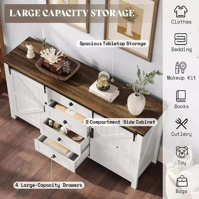 Commode de style rustique pour chambre à coucher avec tiroirs, meuble de rangement avec portes coulissantes de grange, meuble TV organisateur