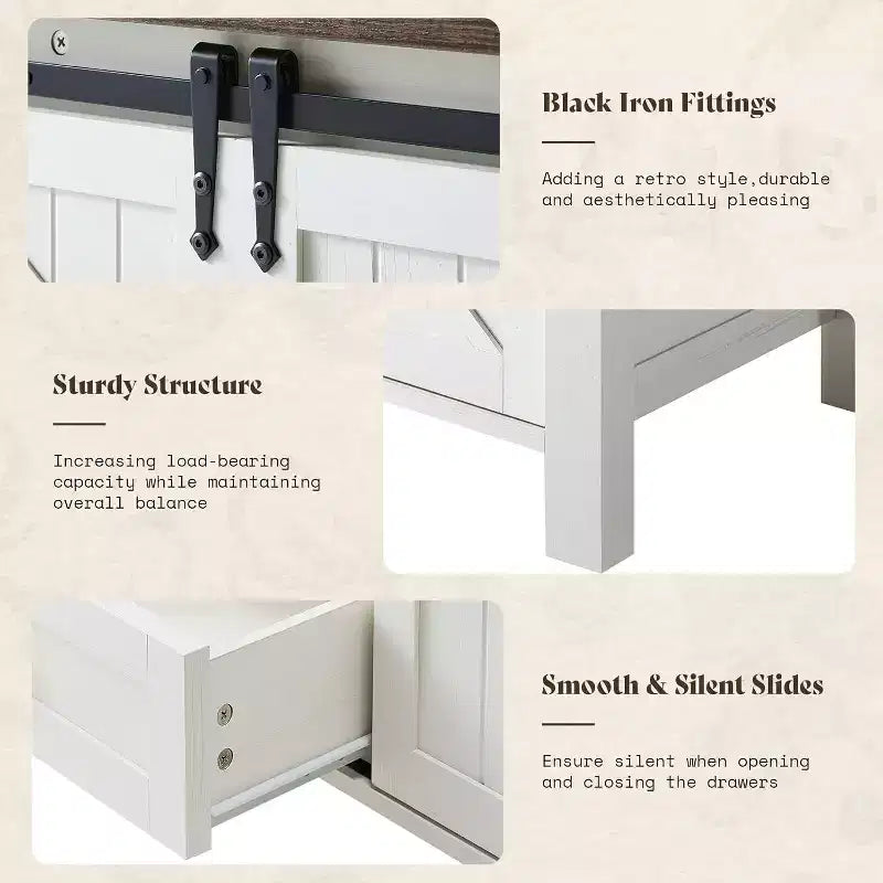 Commode de style rustique pour chambre à coucher avec tiroirs, meuble de rangement avec portes coulissantes de grange, meuble TV organisateur