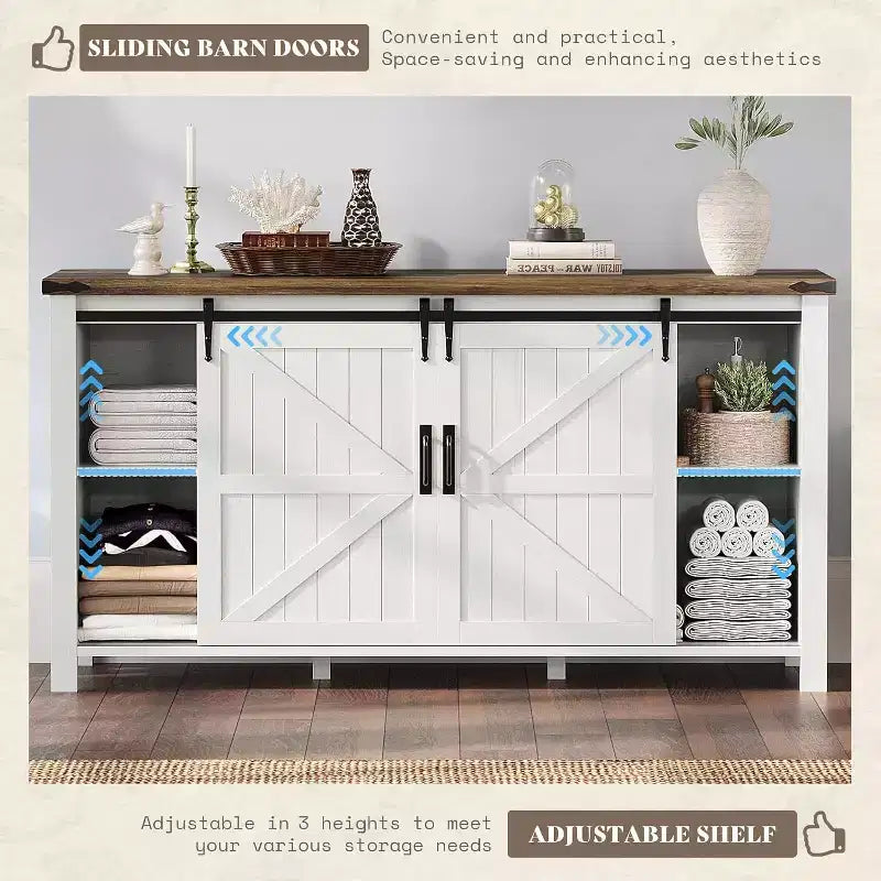Commode de style rustique pour chambre à coucher avec tiroirs, meuble de rangement avec portes coulissantes de grange, meuble TV organisateur