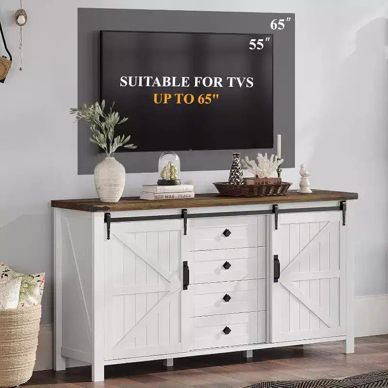 Commode de style rustique pour chambre à coucher avec tiroirs, meuble de rangement avec portes coulissantes de grange, meuble TV organisateur