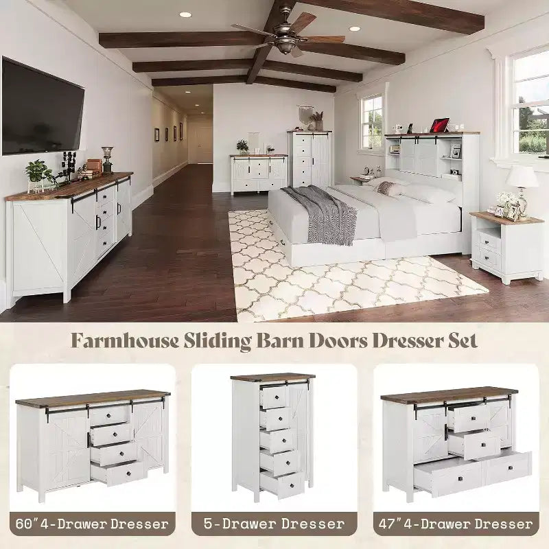 Commode de style rustique pour chambre à coucher avec tiroirs, meuble de rangement avec portes coulissantes de grange, meuble TV organisateur