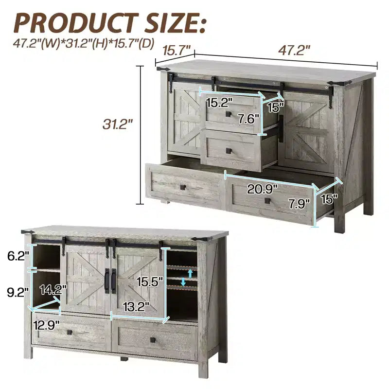 Commode de style rustique pour chambre à coucher avec tiroirs, meuble de rangement avec portes coulissantes de grange, meuble TV organisateur