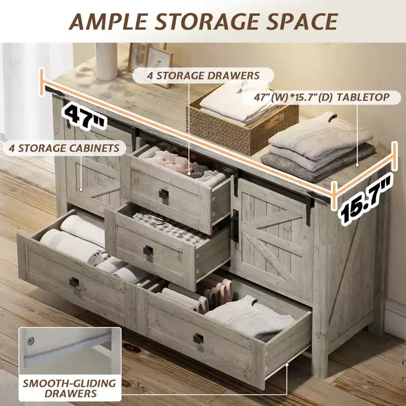 Commode de style rustique pour chambre à coucher avec tiroirs, meuble de rangement avec portes coulissantes de grange, meuble TV organisateur