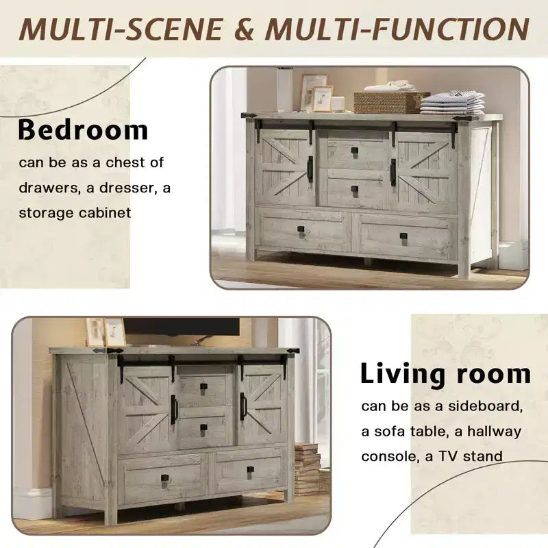 Commode de style rustique pour chambre à coucher avec tiroirs, meuble de rangement avec portes coulissantes de grange, meuble TV organisateur