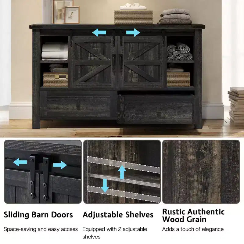 Commode de style rustique pour chambre à coucher avec tiroirs, meuble de rangement avec portes coulissantes de grange, meuble TV organisateur