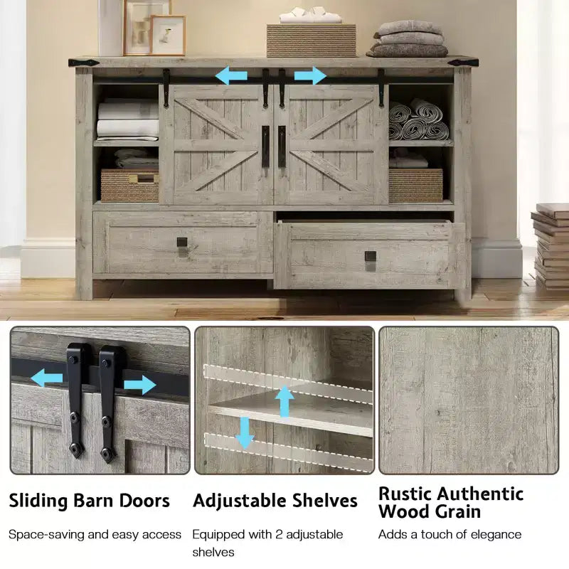 Commode de style rustique pour chambre à coucher avec tiroirs, meuble de rangement avec portes coulissantes de grange, meuble TV organisateur