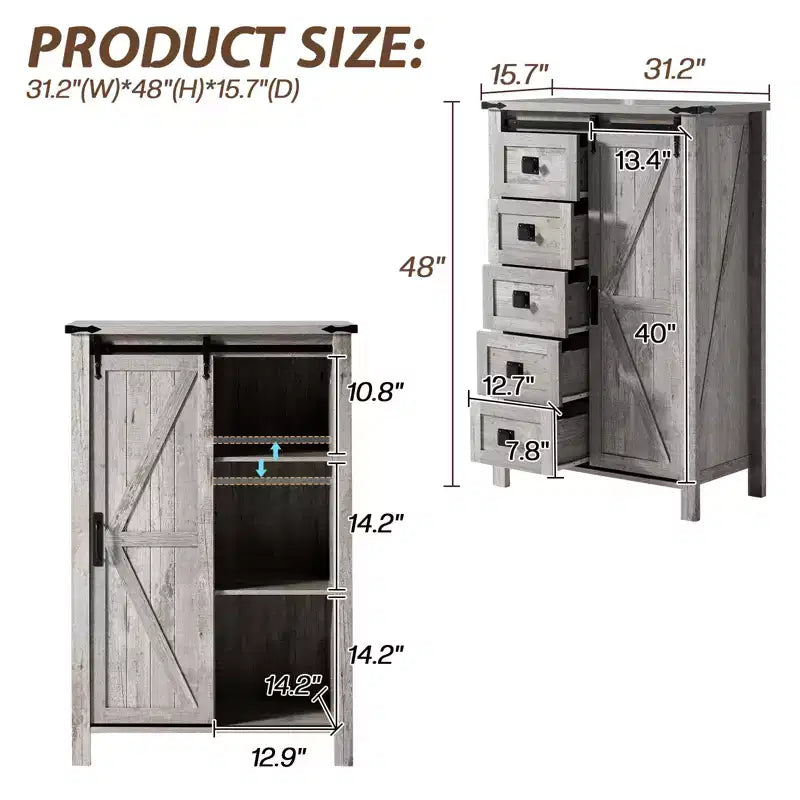Commode de style rustique pour chambre à coucher avec tiroirs, meuble de rangement avec portes coulissantes de grange, meuble TV organisateur