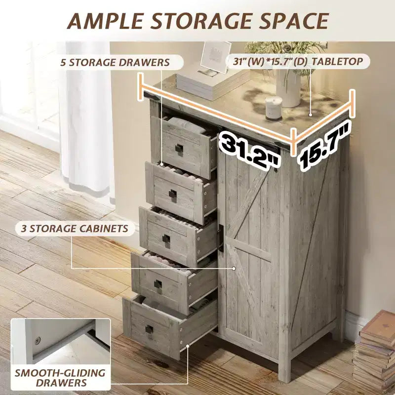 Commode de style rustique pour chambre à coucher avec tiroirs, meuble de rangement avec portes coulissantes de grange, meuble TV organisateur