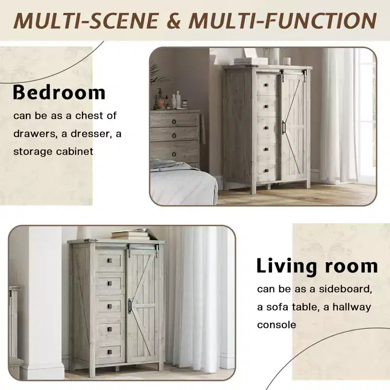 Commode de style rustique pour chambre à coucher avec tiroirs, meuble de rangement avec portes coulissantes de grange, meuble TV organisateur