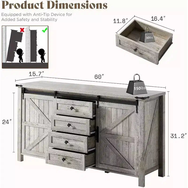 Commode de style rustique pour chambre à coucher avec tiroirs, meuble de rangement avec portes coulissantes de grange, meuble TV organisateur