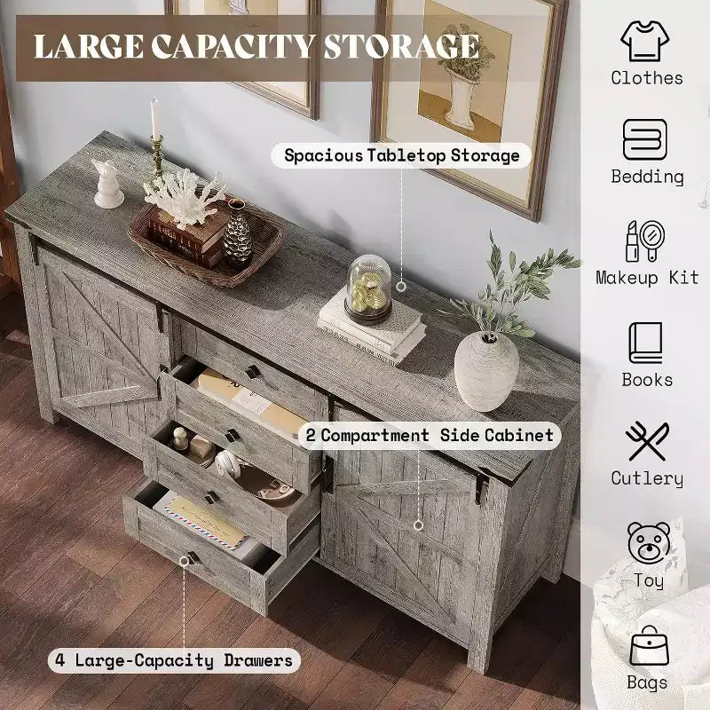 Commode de style rustique pour chambre à coucher avec tiroirs, meuble de rangement avec portes coulissantes de grange, meuble TV organisateur