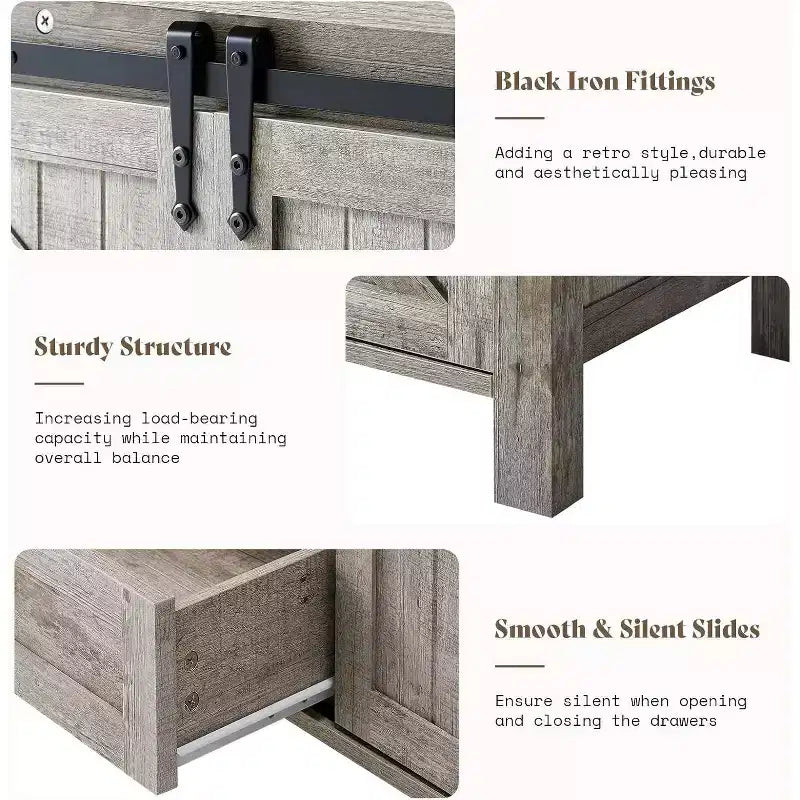 Commode de style rustique pour chambre à coucher avec tiroirs, meuble de rangement avec portes coulissantes de grange, meuble TV organisateur