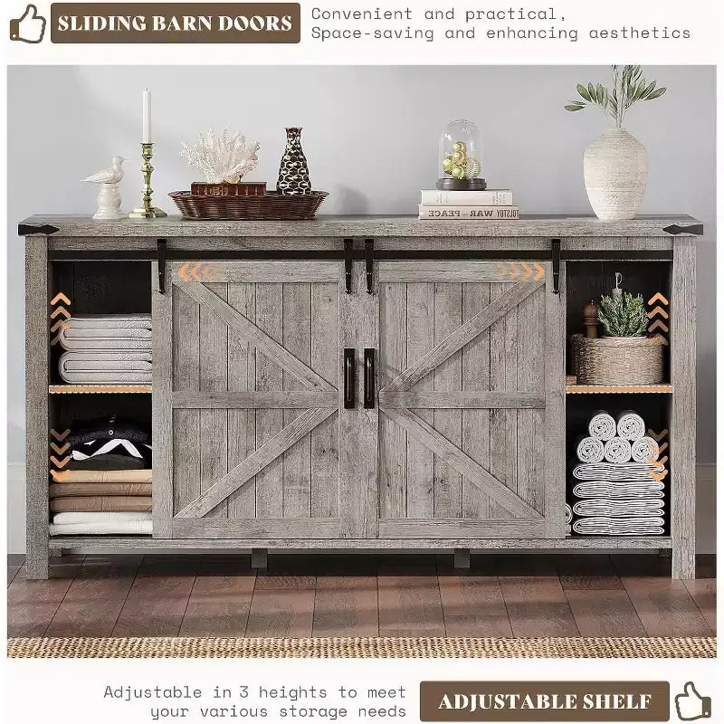 Commode de style rustique pour chambre à coucher avec tiroirs, meuble de rangement avec portes coulissantes de grange, meuble TV organisateur