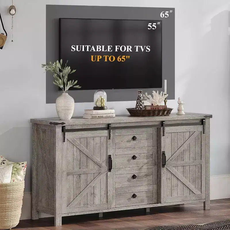 Commode de style rustique pour chambre à coucher avec tiroirs, meuble de rangement avec portes coulissantes de grange, meuble TV organisateur
