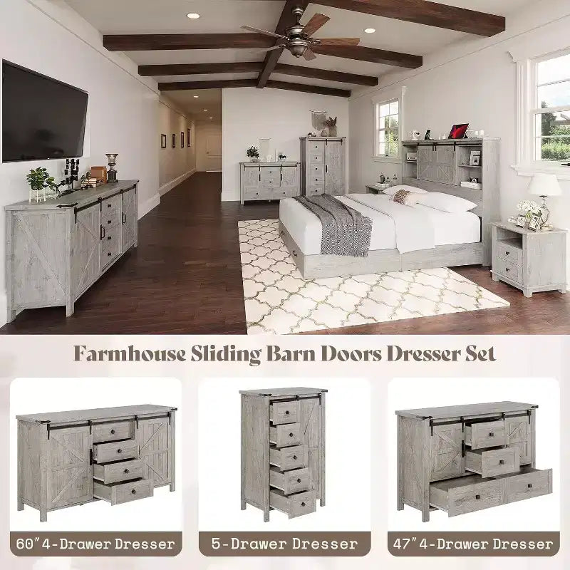 Commode de style rustique pour chambre à coucher avec tiroirs, meuble de rangement avec portes coulissantes de grange, meuble TV organisateur
