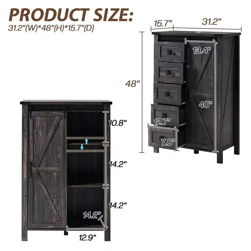 Commode de style rustique pour chambre à coucher avec tiroirs, meuble de rangement avec portes coulissantes de grange, meuble TV organisateur