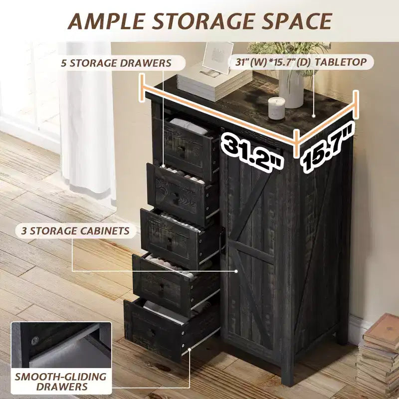 Commode de style rustique pour chambre à coucher avec tiroirs, meuble de rangement avec portes coulissantes de grange, meuble TV organisateur