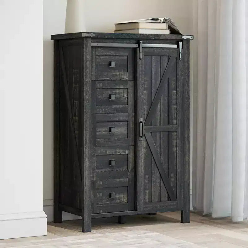 Commode de style rustique pour chambre à coucher avec tiroirs, meuble de rangement avec portes coulissantes de grange, meuble TV organisateur