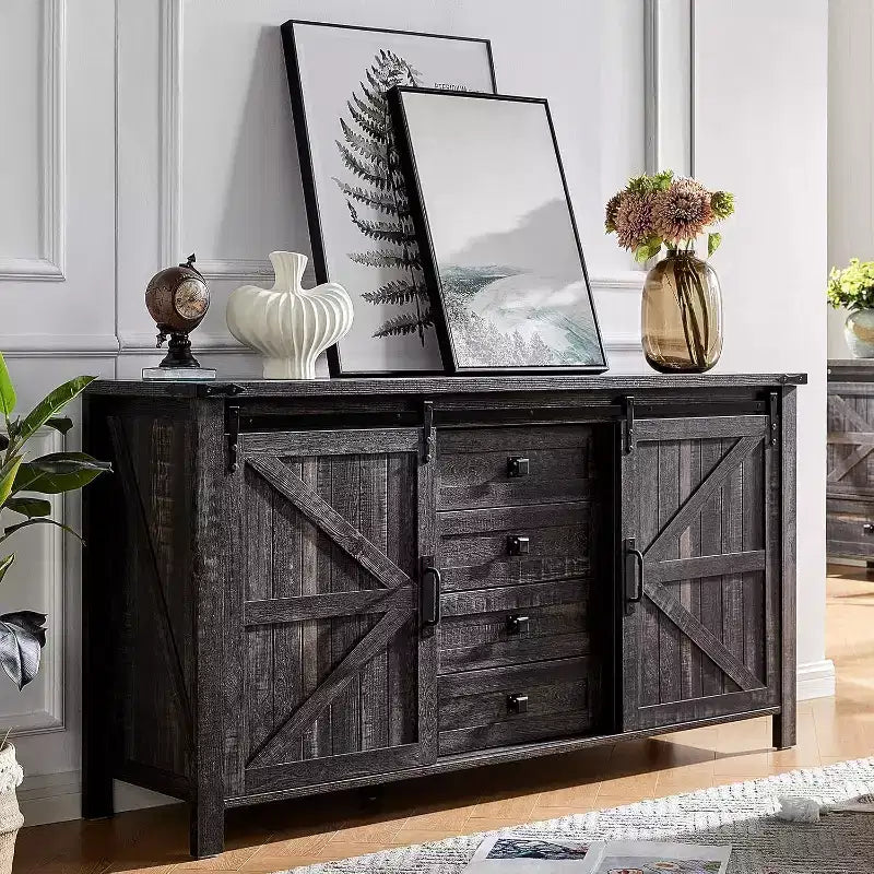 Commode de style rustique pour chambre à coucher avec tiroirs, meuble de rangement avec portes coulissantes de grange, meuble TV organisateur