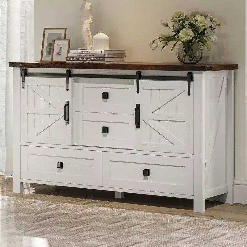 Commode de style rustique pour chambre à coucher avec tiroirs, meuble de rangement avec portes coulissantes de grange, meuble TV organisateur