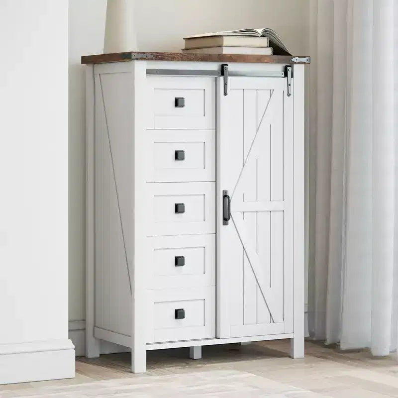 Commode de style rustique pour chambre à coucher avec tiroirs, meuble de rangement avec portes coulissantes de grange, meuble TV organisateur