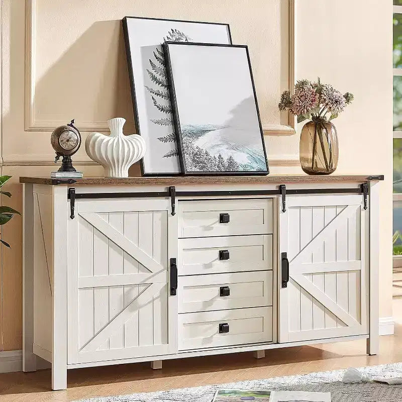 Commode de style rustique pour chambre à coucher avec tiroirs, meuble de rangement avec portes coulissantes de grange, meuble TV organisateur