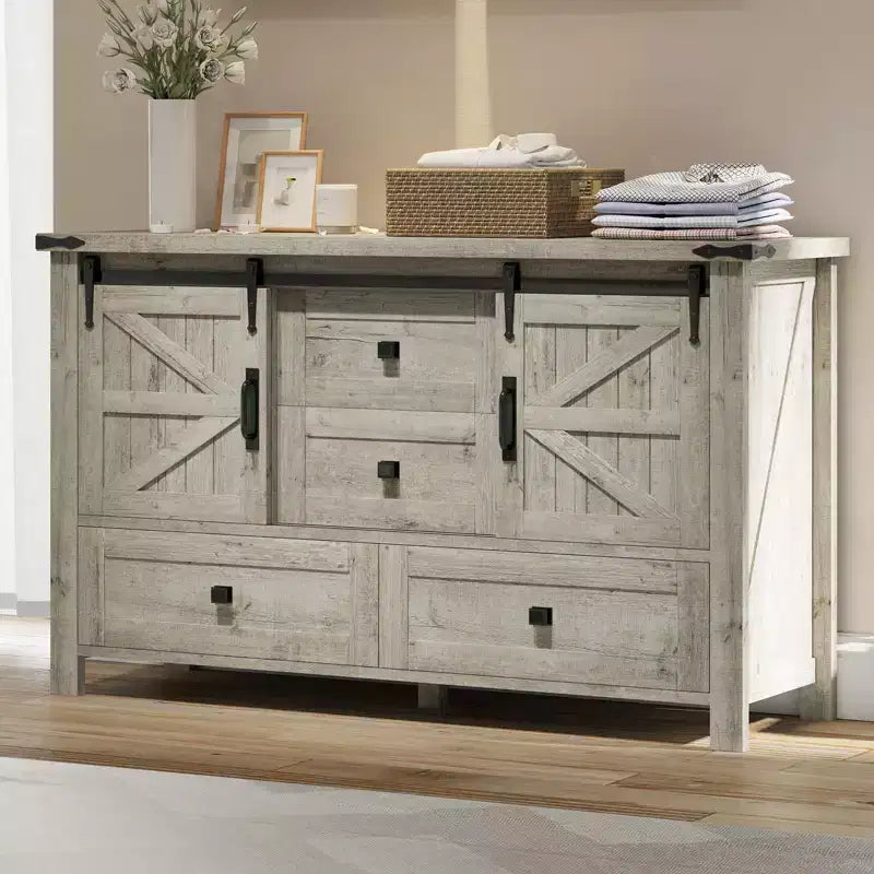 Commode de style rustique pour chambre à coucher avec tiroirs, meuble de rangement avec portes coulissantes de grange, meuble TV organisateur