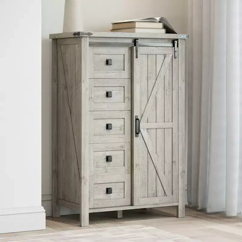 Commode de style rustique pour chambre à coucher avec tiroirs, meuble de rangement avec portes coulissantes de grange, meuble TV organisateur