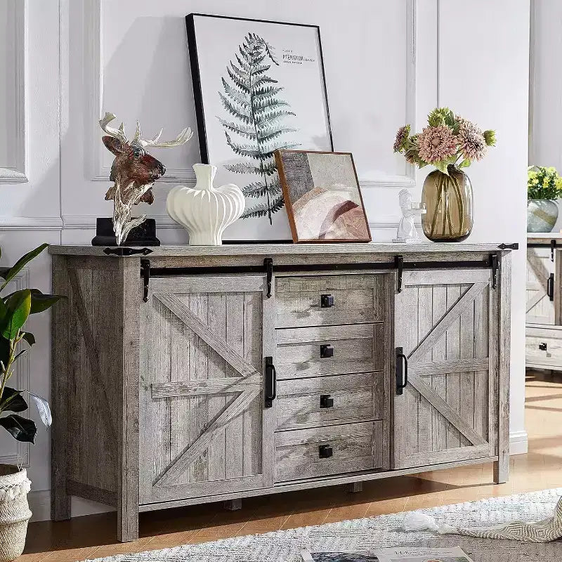 Commode de style rustique pour chambre à coucher avec tiroirs, meuble de rangement avec portes coulissantes de grange, meuble TV organisateur