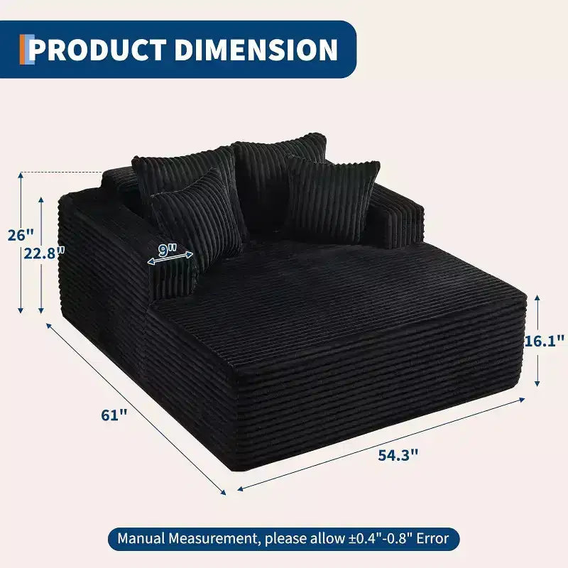 61 Grande méridienne, canapé extra-large en velours côtelé, 4 oreillers et accoudoirs, causeuse douillette pour le salon ou la chambre, noir