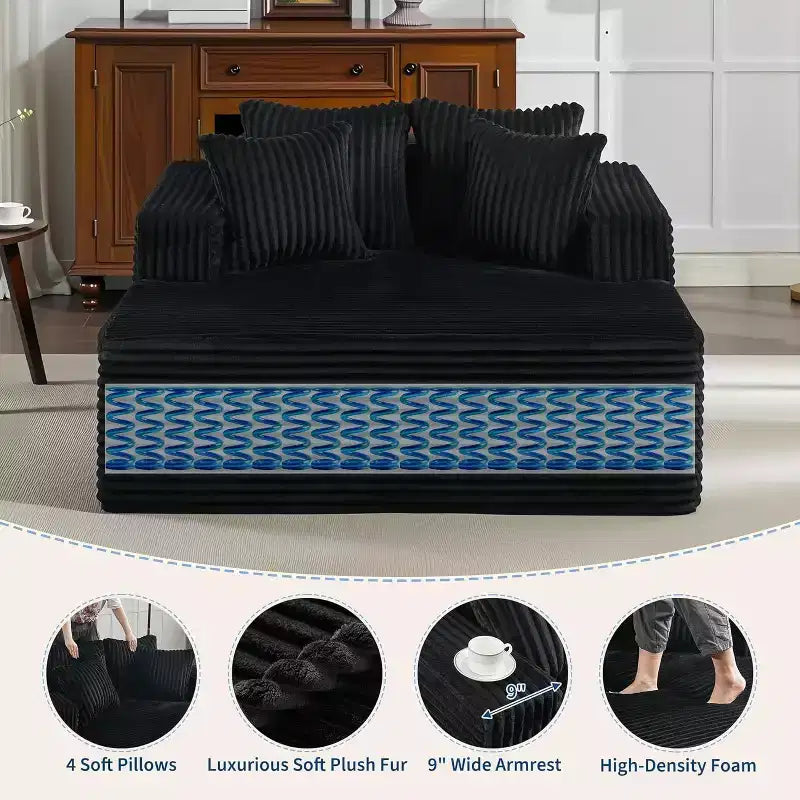 61 Grande méridienne, canapé extra-large en velours côtelé, 4 oreillers et accoudoirs, causeuse douillette pour le salon ou la chambre, noir