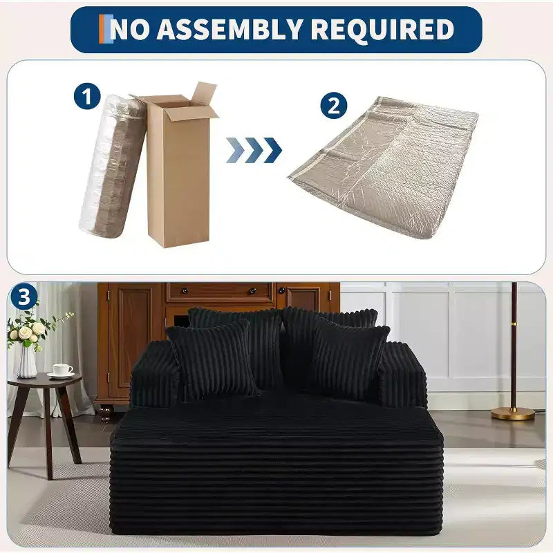 61 Grande méridienne, canapé extra-large en velours côtelé, 4 oreillers et accoudoirs, causeuse douillette pour le salon ou la chambre, noir