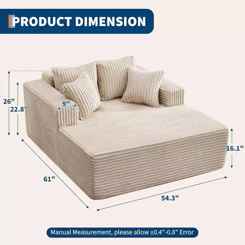 61 Grande méridienne, canapé extra-large en velours côtelé, 4 oreillers et accoudoirs, causeuse douillette pour le salon ou la chambre, noir