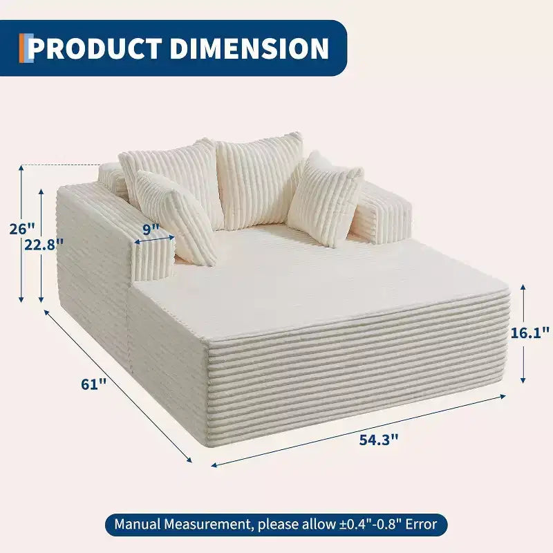 61 Grande méridienne, canapé extra-large en velours côtelé, 4 oreillers et accoudoirs, causeuse douillette pour le salon ou la chambre, noir