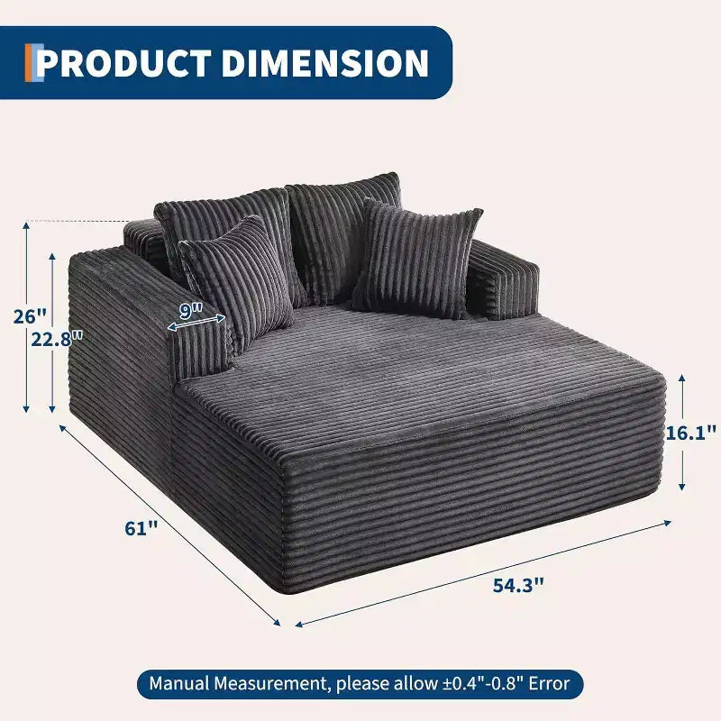 61 Grande méridienne, canapé extra-large en velours côtelé, 4 oreillers et accoudoirs, causeuse douillette pour le salon ou la chambre, noir