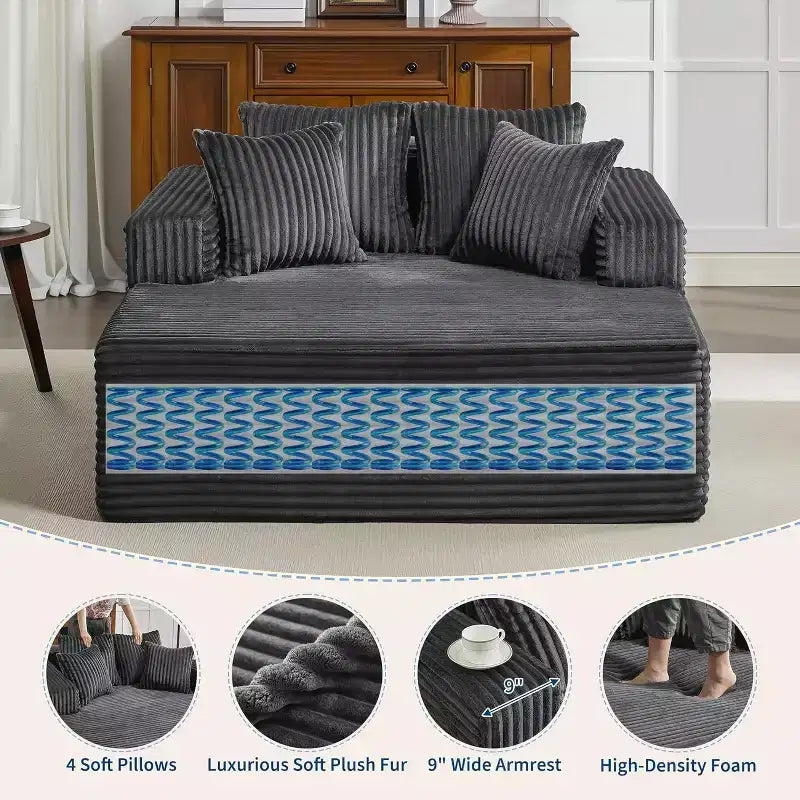 61 Grande méridienne, canapé extra-large en velours côtelé, 4 oreillers et accoudoirs, causeuse douillette pour le salon ou la chambre, noir