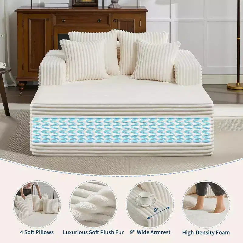 61 Grande méridienne, canapé extra-large en velours côtelé, 4 oreillers et accoudoirs, causeuse douillette pour le salon ou la chambre, noir