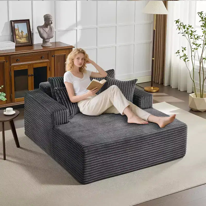 61 Grande méridienne, canapé extra-large en velours côtelé, 4 oreillers et accoudoirs, causeuse douillette pour le salon ou la chambre, noir