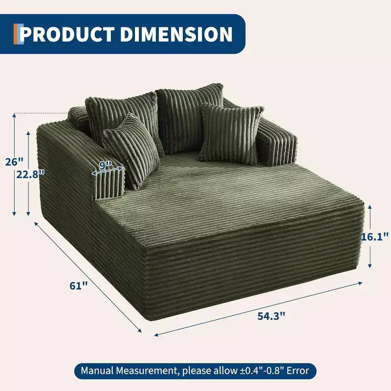61 Grande méridienne, canapé extra-large en velours côtelé, 4 oreillers et accoudoirs, causeuse douillette pour le salon ou la chambre, noir